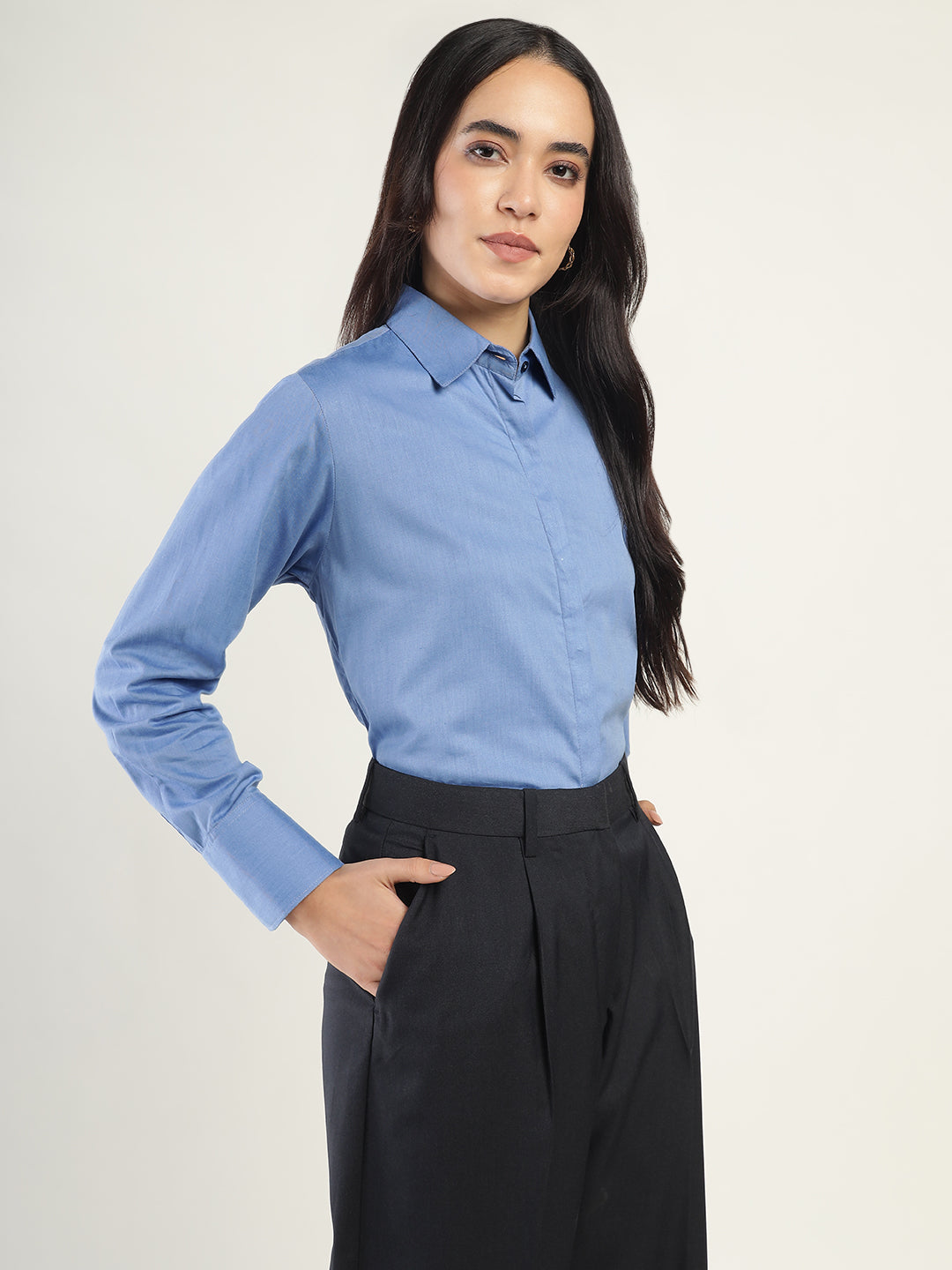 Women Blue Solid Pure Cotton Relaxed Fit Formal Shirt