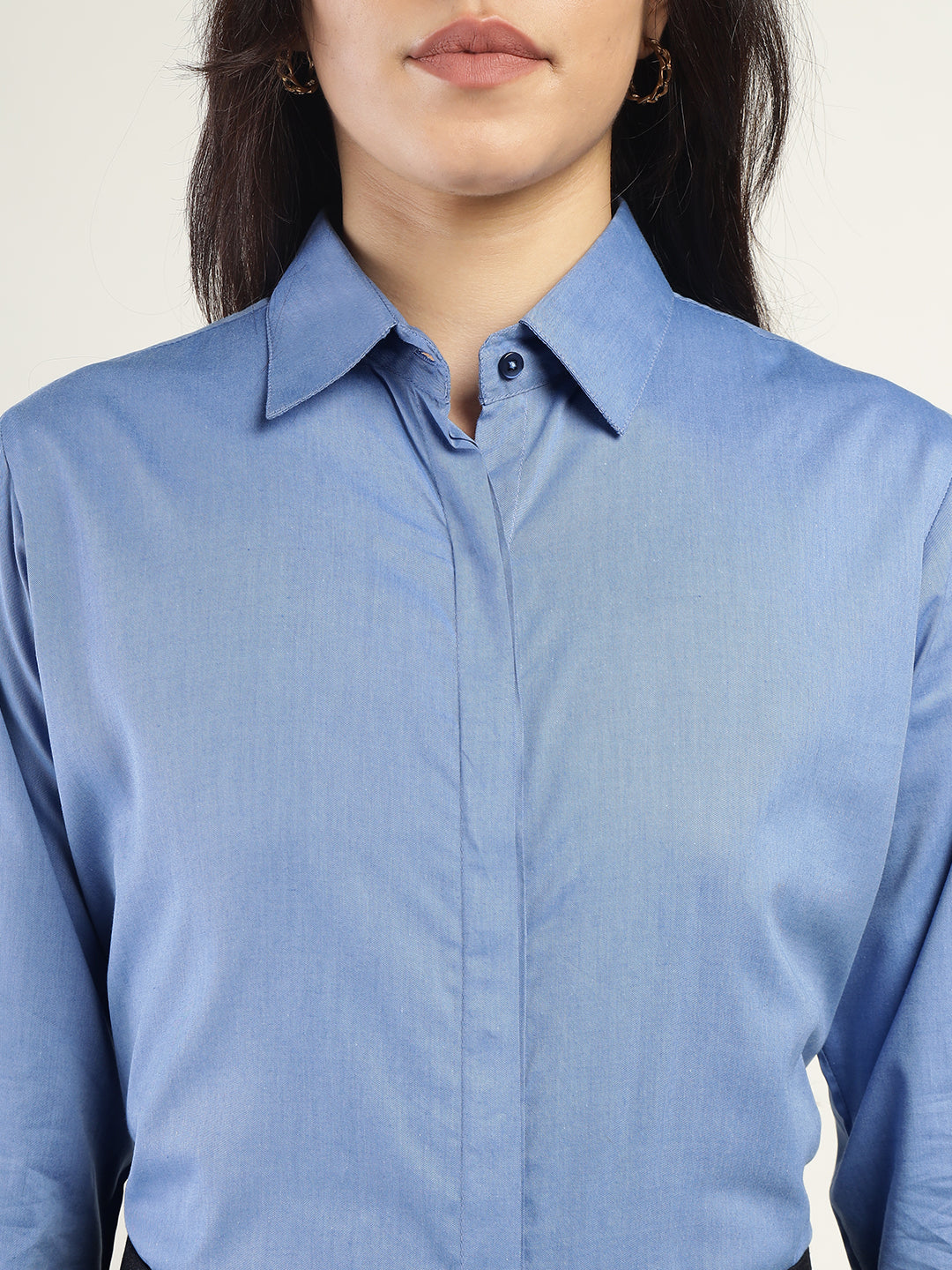 Women Blue Solid Pure Cotton Relaxed Fit Formal Shirt