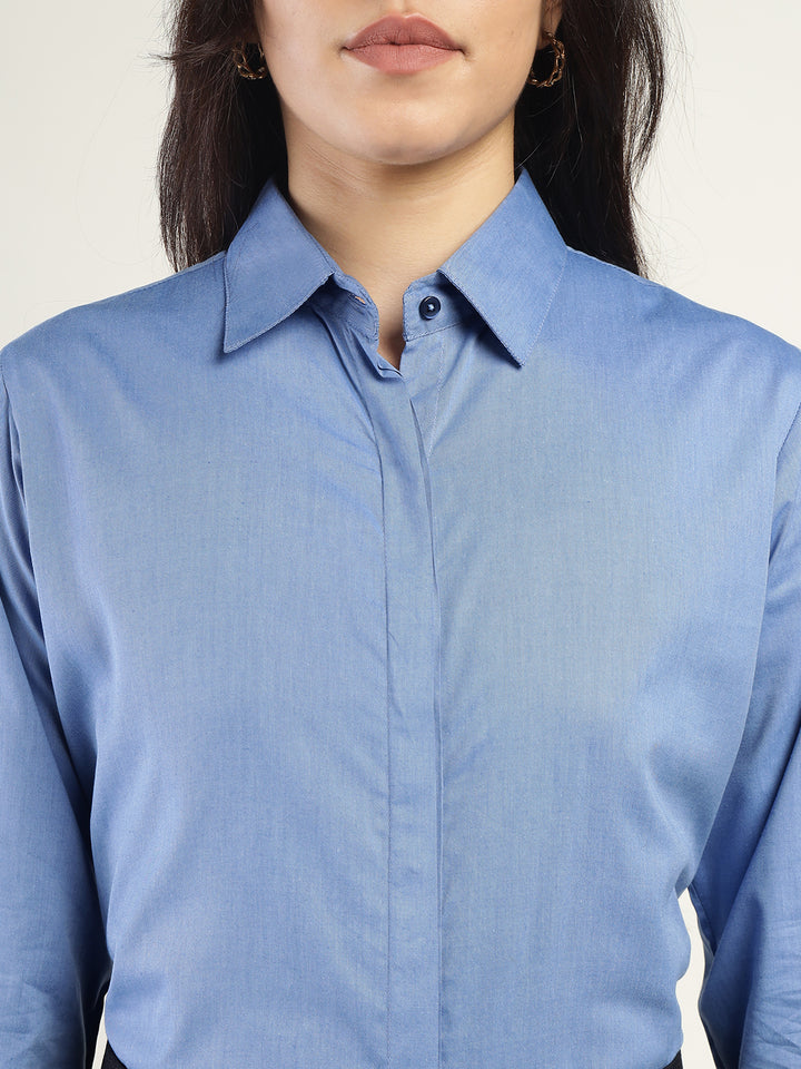 Women Blue Solid Pure Cotton Relaxed Fit Formal Shirt