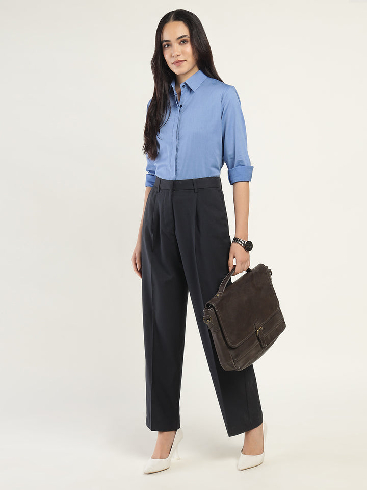 Women Blue Solid Pure Cotton Relaxed Fit Formal Shirt