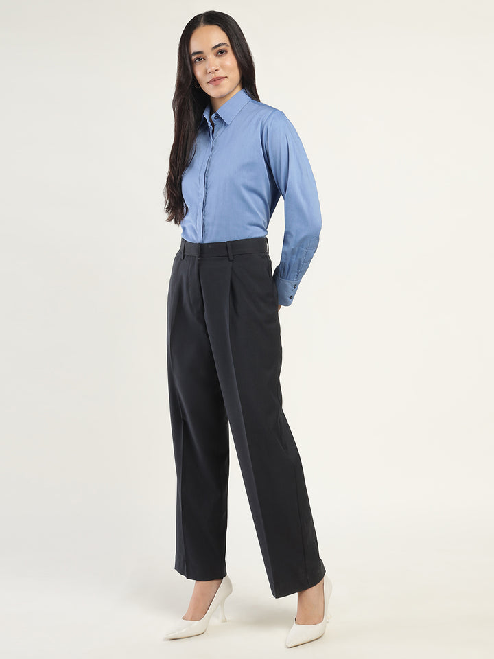 Women Blue Solid Pure Cotton Relaxed Fit Formal Shirt