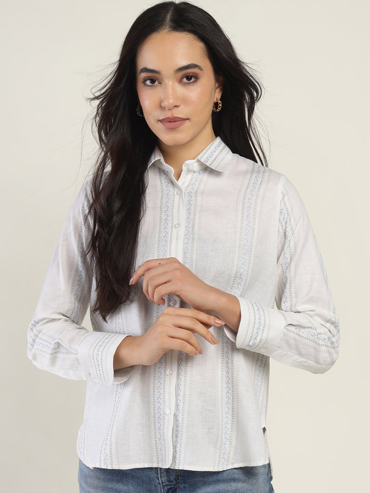 Hancock Women White Striped Pure Cotton Relaxed Fit Casual Shirt