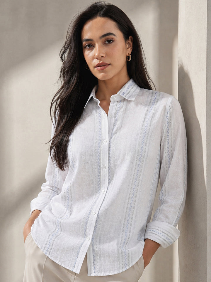 Women White Striped Pure Cotton Relaxed Fit Casual Shirt