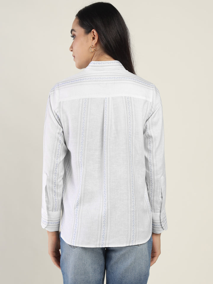 Hancock Women White Striped Pure Cotton Relaxed Fit Casual Shirt