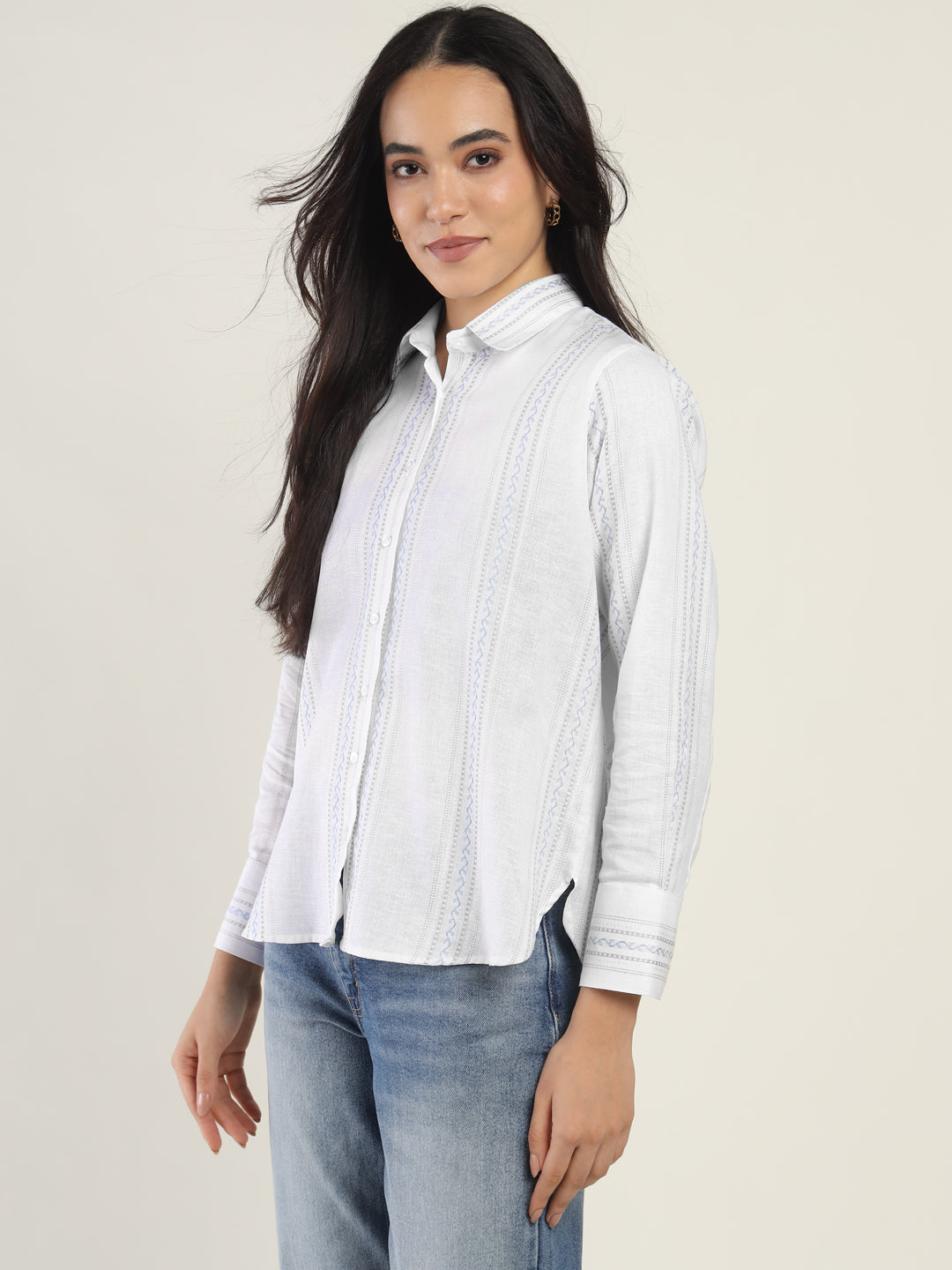 Hancock Women White Striped Pure Cotton Relaxed Fit Casual Shirt