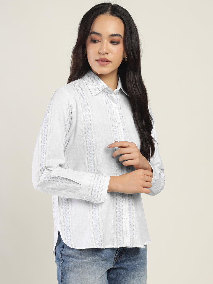 Hancock Women White Striped Pure Cotton Relaxed Fit Casual Shirt