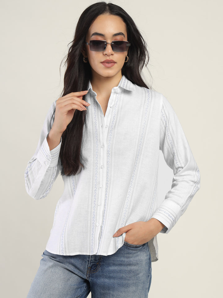 Hancock Women White Striped Pure Cotton Relaxed Fit Casual Shirt