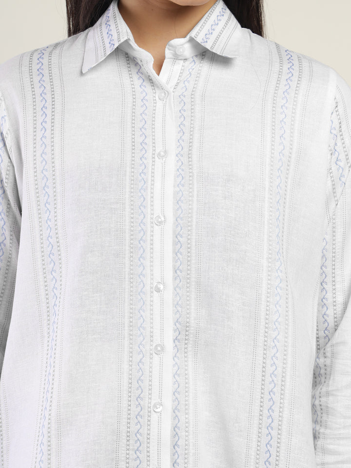 Hancock Women White Striped Pure Cotton Relaxed Fit Casual Shirt