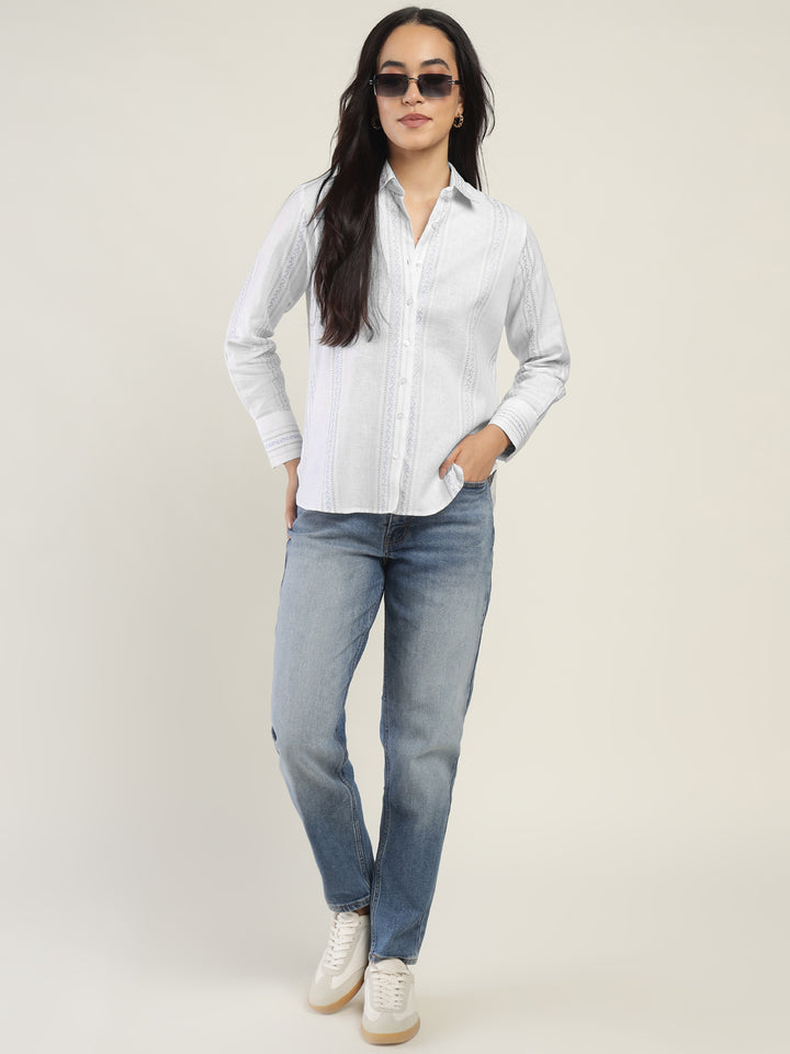 Hancock Women White Striped Pure Cotton Relaxed Fit Casual Shirt