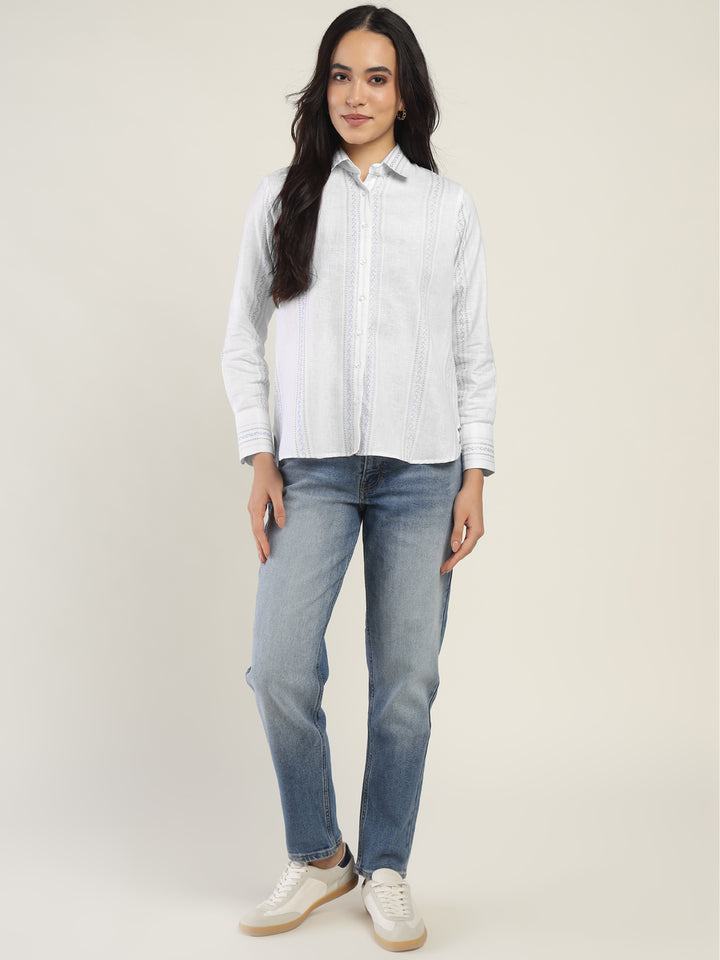 Hancock Women White Striped Pure Cotton Relaxed Fit Casual Shirt