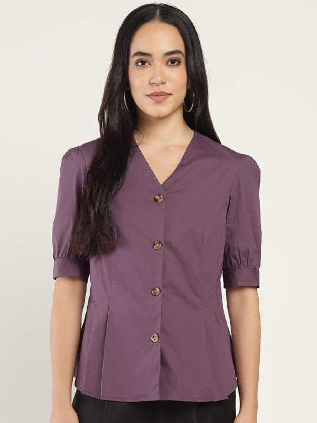Women Dark Purple Solid Pure Cotton Regular Fit Formal Shirt