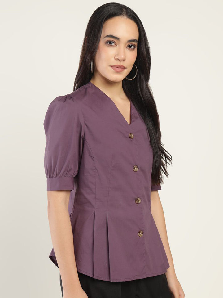 Women Dark Purple Solid Pure Cotton Regular Fit Formal Shirt