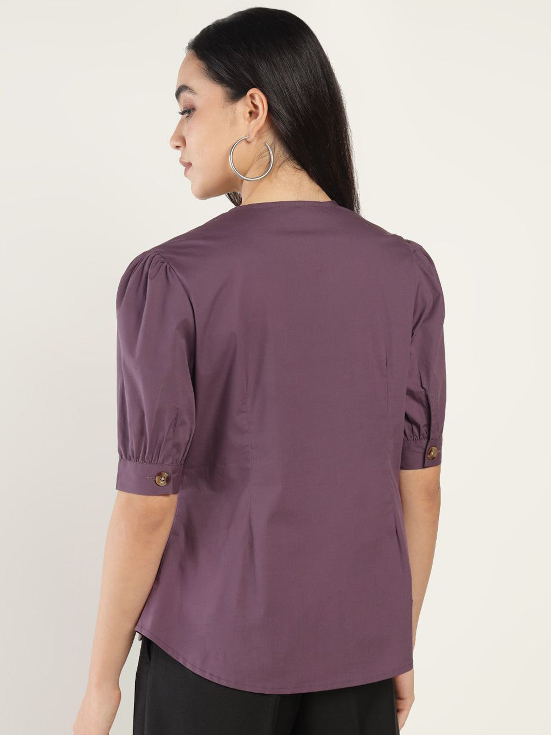 Women Dark Purple Solid Pure Cotton Regular Fit Formal Shirt