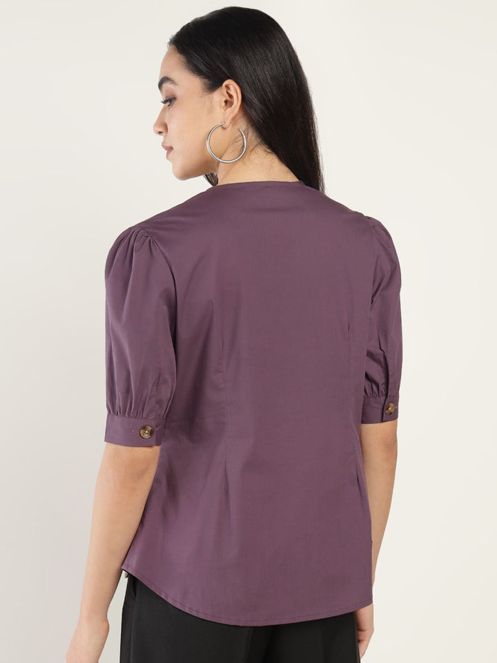 Women Dark Purple Solid Pure Cotton Regular Fit Formal Shirt