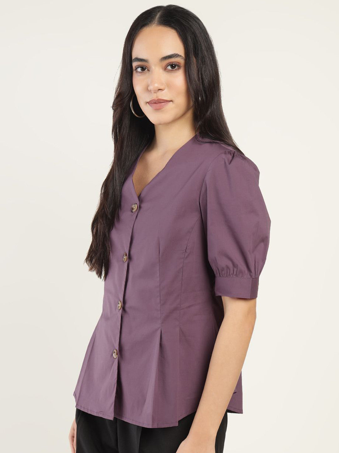 Women Dark Purple Solid Pure Cotton Regular Fit Formal Shirt