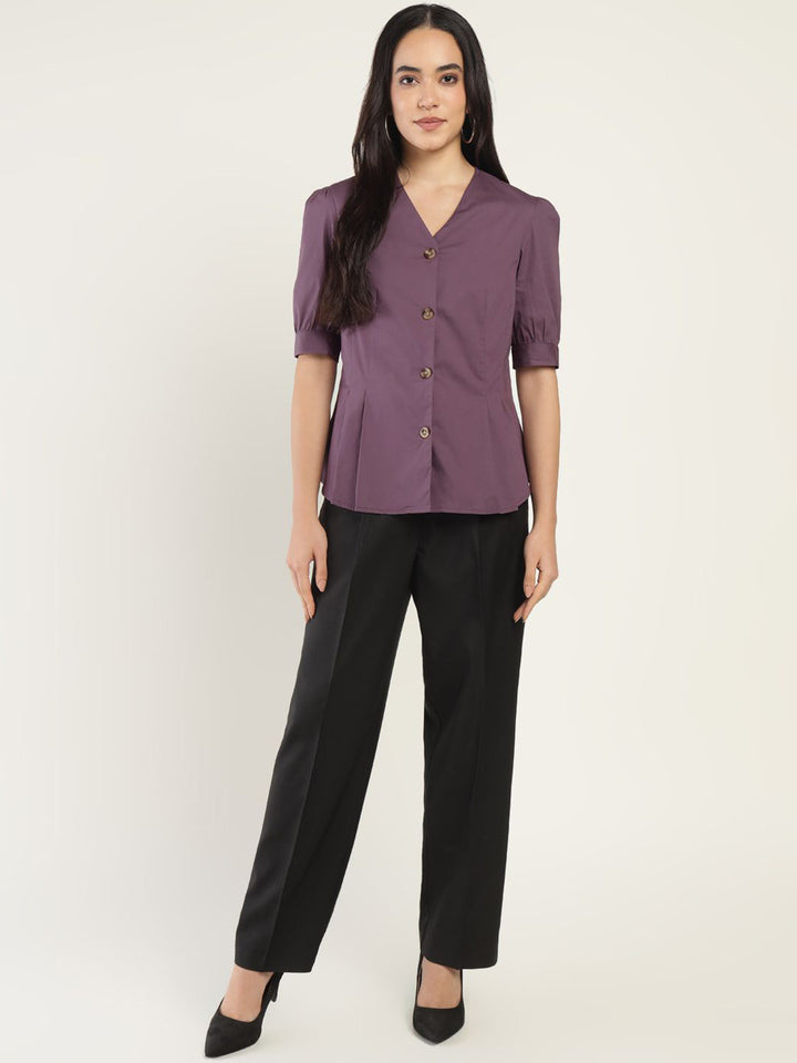 Women Dark Purple Solid Pure Cotton Regular Fit Formal Shirt