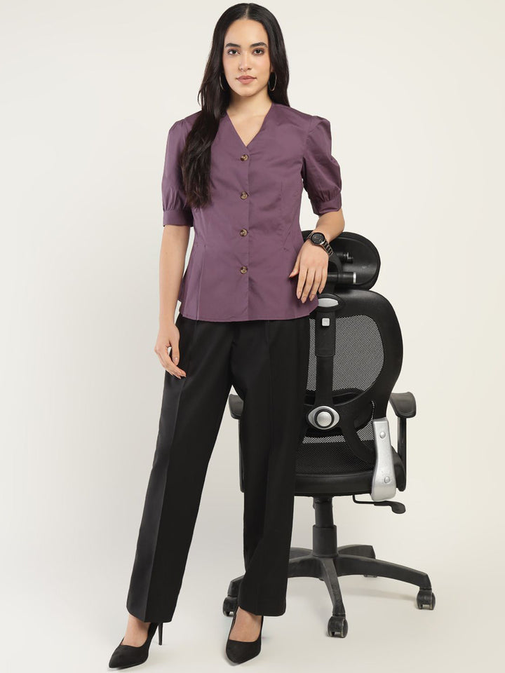 Women Dark Purple Solid Pure Cotton Regular Fit Formal Shirt