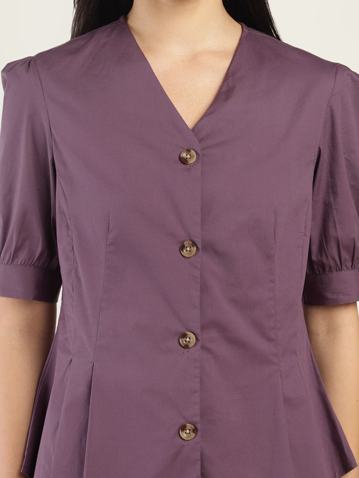 Women Dark Purple Solid Pure Cotton Regular Fit Formal Shirt