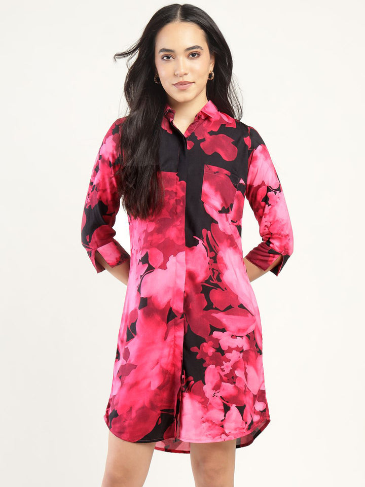 Hancock Women Pink & Black Printed Viscose Rayon Regular Fit Casual Dress