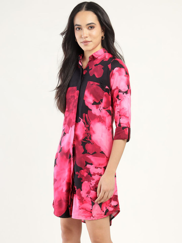 Hancock Women Pink & Black Printed Viscose Rayon Regular Fit Casual Dress
