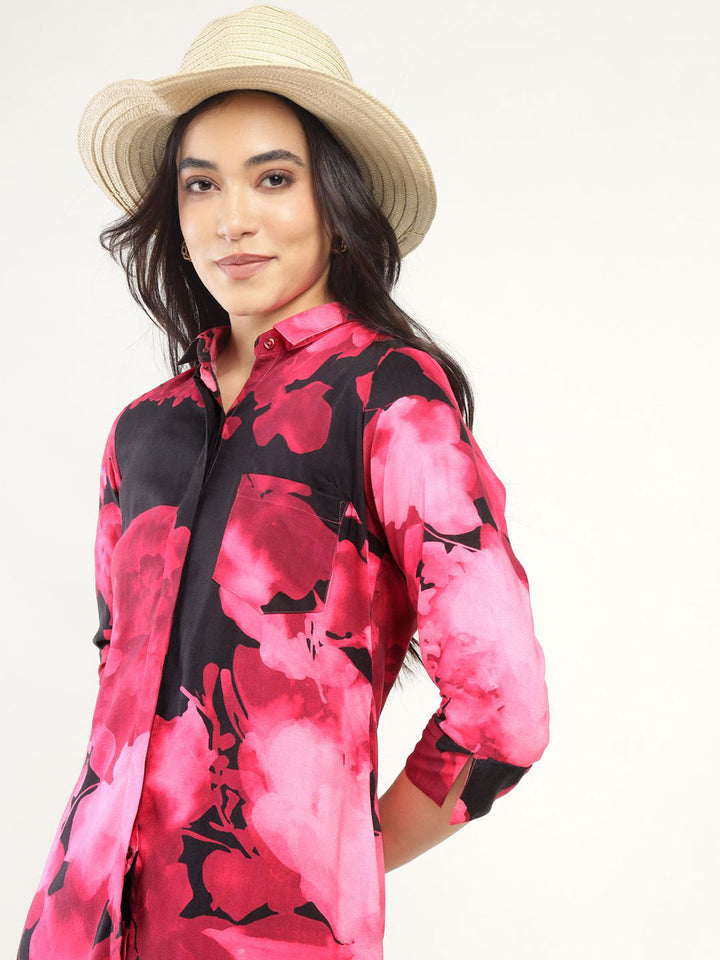 Hancock Women Pink & Black Printed Viscose Rayon Regular Fit Casual Dress