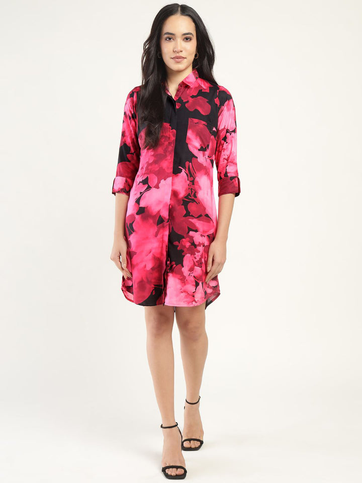 Hancock Women Pink & Black Printed Viscose Rayon Regular Fit Casual Dress