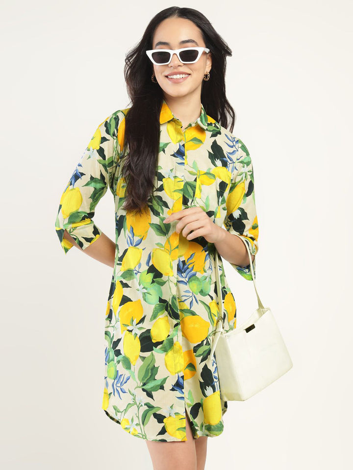 Hancock Women Beige & Yellow Printed Viscose Rayon Regular Fit Casual Dress