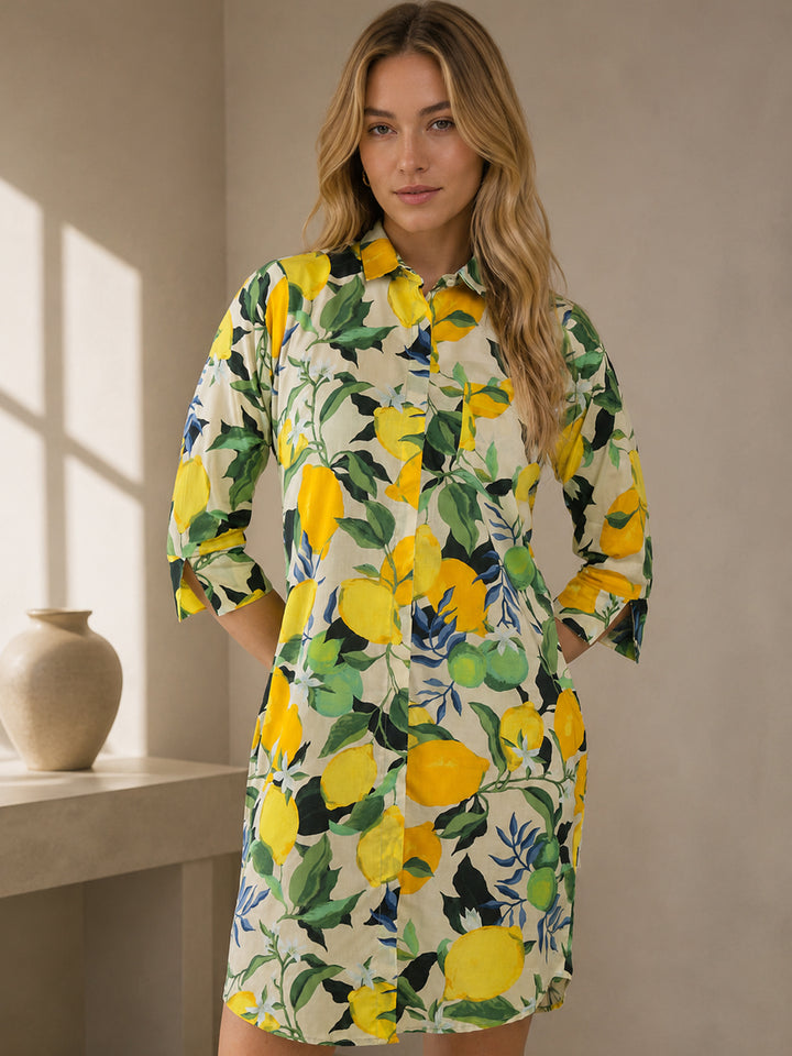 Hancock Women Beige & Yellow Printed Viscose Rayon Regular Fit Casual Dress