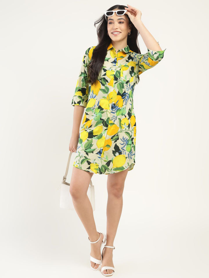 Hancock Women Beige & Yellow Printed Viscose Rayon Regular Fit Casual Dress