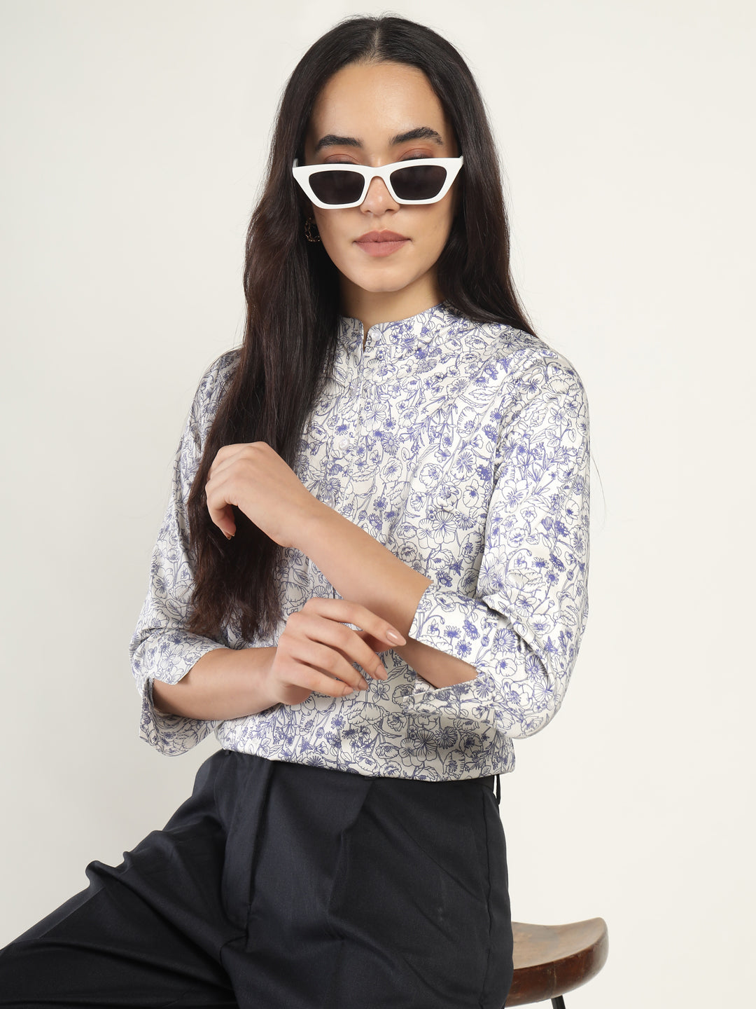 Hancock Women Cream Printed Pure Cotton Regular Fit Formal Top