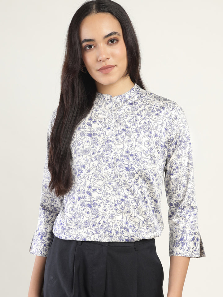 Hancock Women Cream Printed Pure Cotton Regular Fit Formal Top