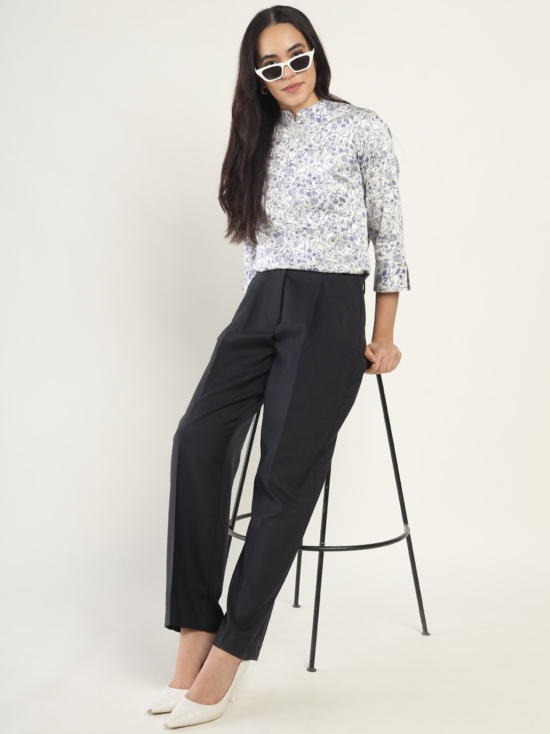 Hancock Women Cream Printed Pure Cotton Regular Fit Formal Top