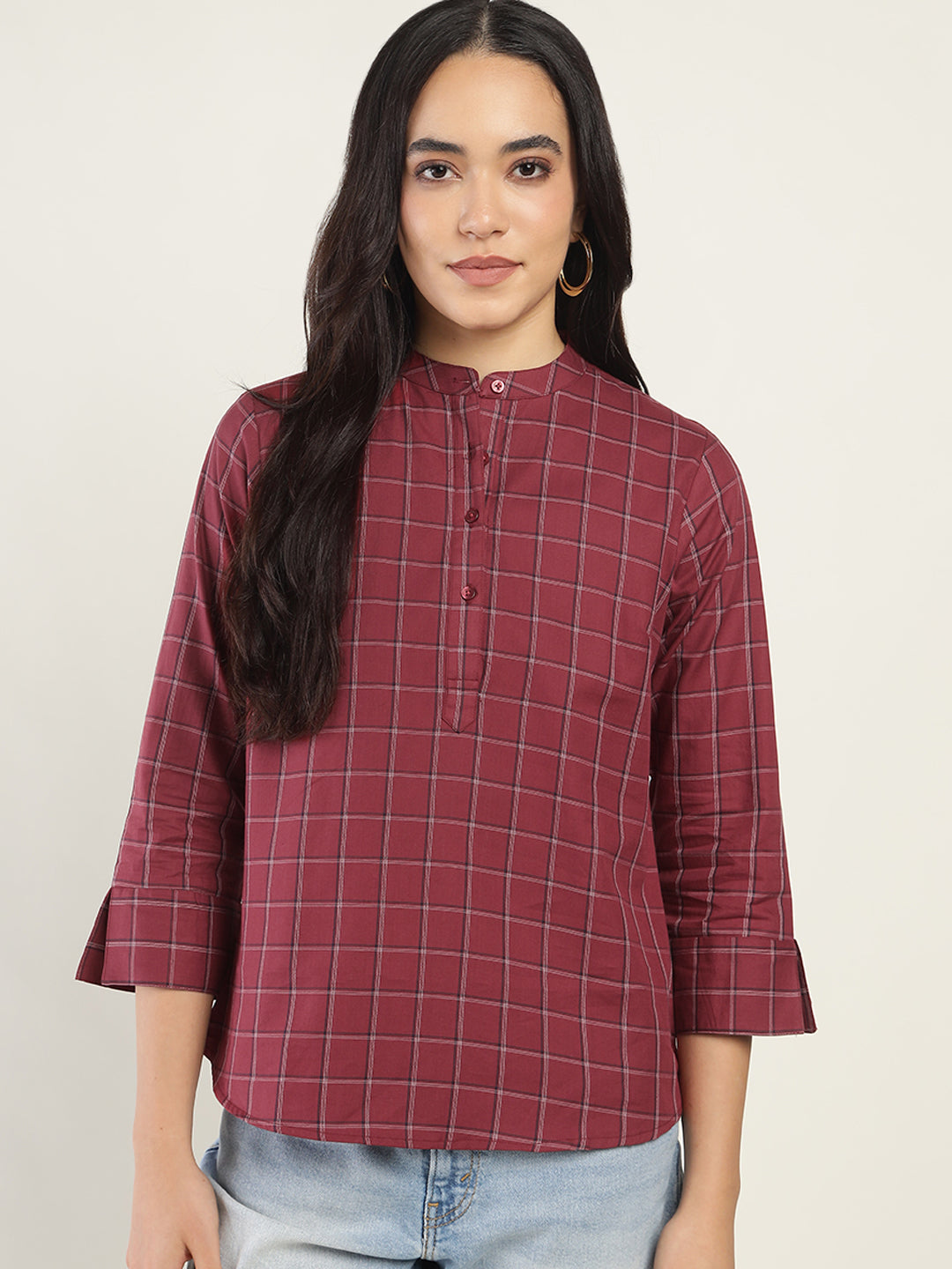 Hancock Women Maroon Checked Pure Cotton Regular Fit Formal Top