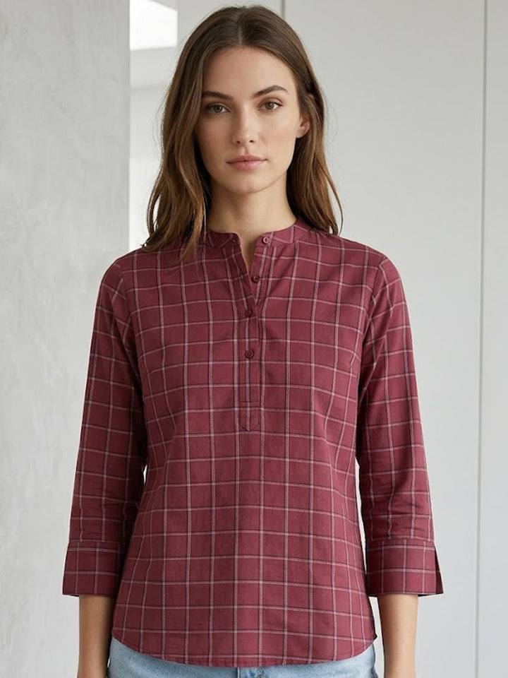 Women Maroon Checked Pure Cotton Regular Fit Formal Top