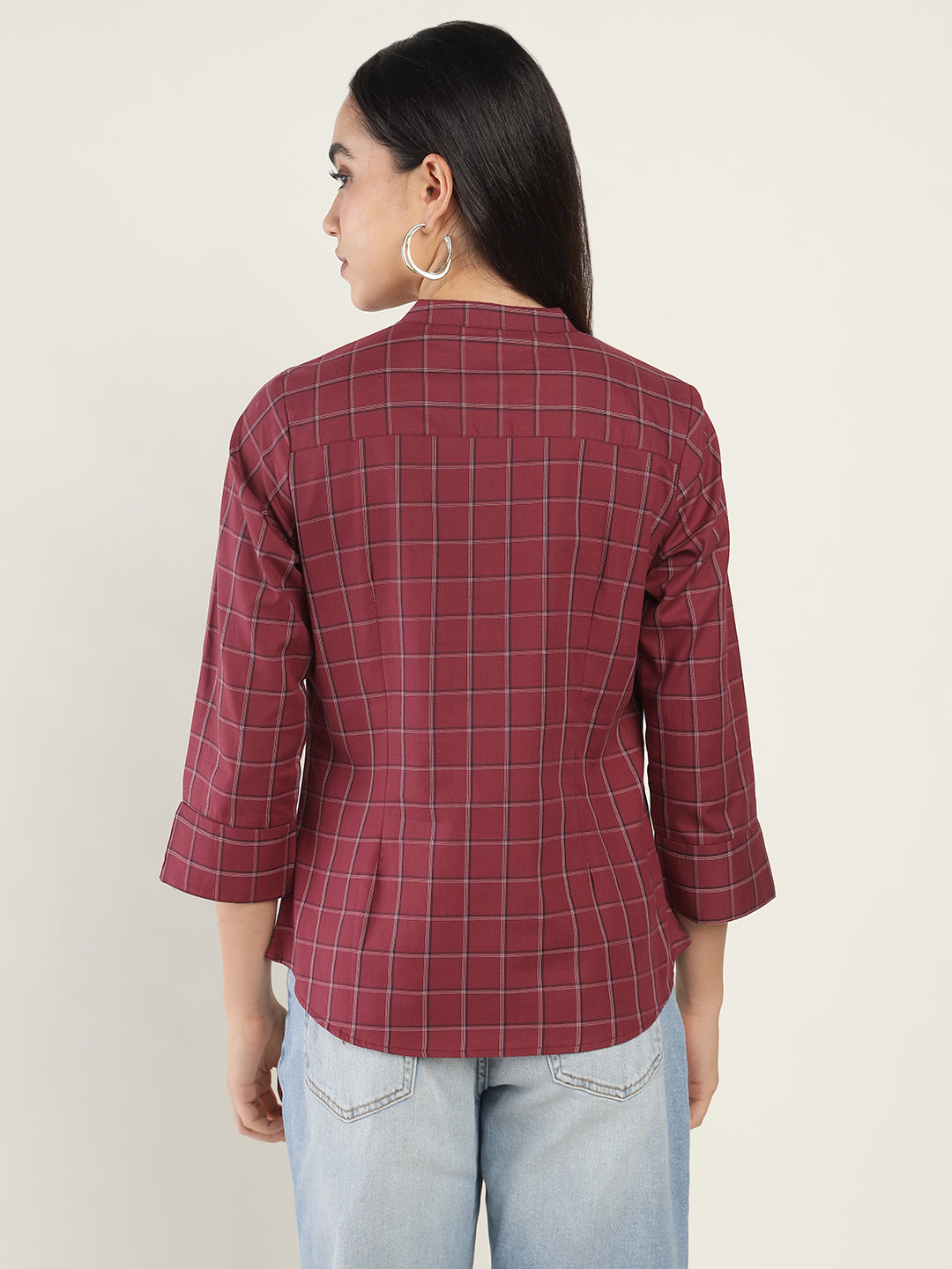 Hancock Women Maroon Checked Pure Cotton Regular Fit Formal Top