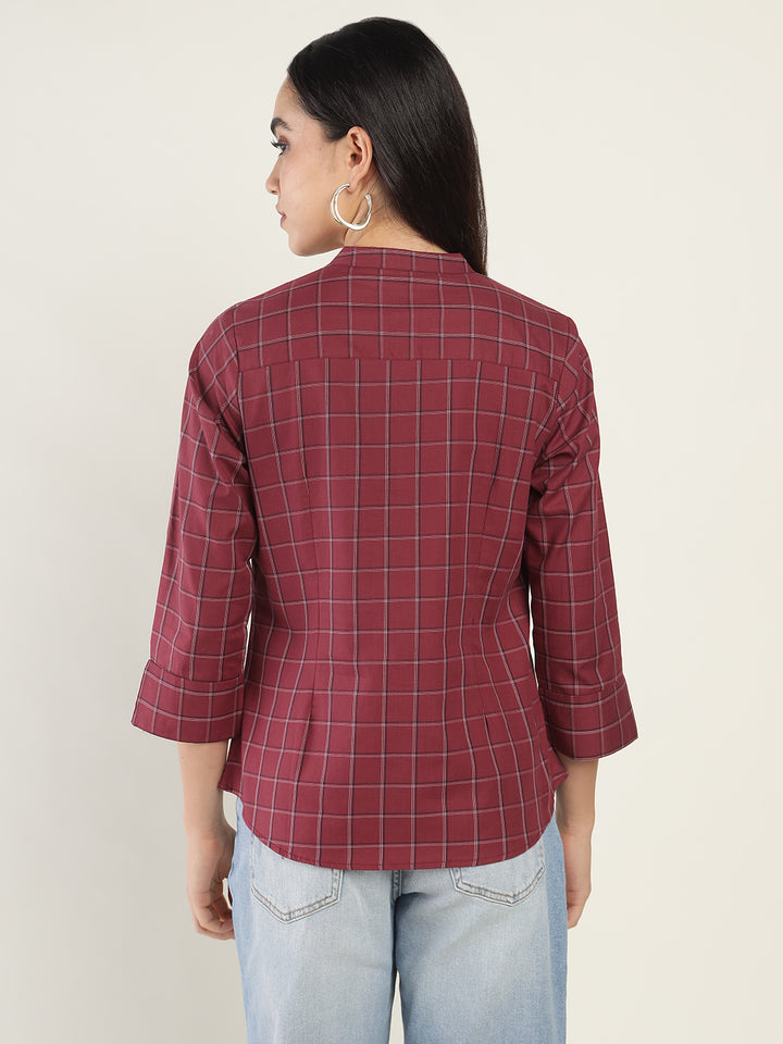 Hancock Women Maroon Checked Pure Cotton Regular Fit Formal Top