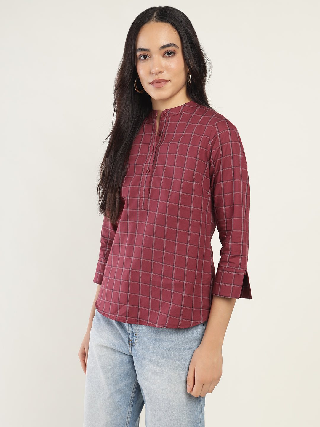 Hancock Women Maroon Checked Pure Cotton Regular Fit Formal Top