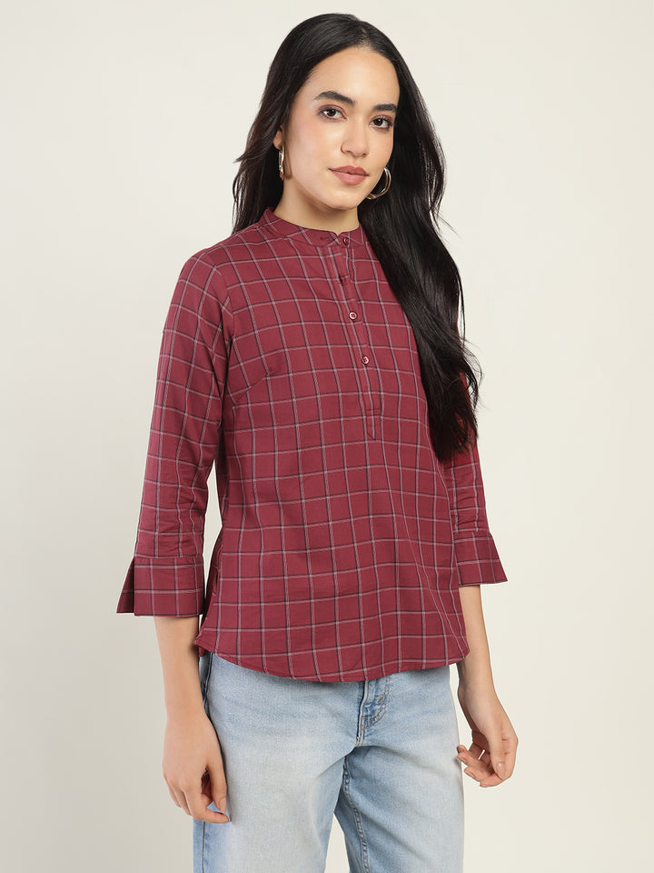 Hancock Women Maroon Checked Pure Cotton Regular Fit Formal Top