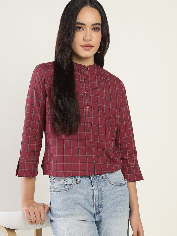 Hancock Women Maroon Checked Pure Cotton Regular Fit Formal Top
