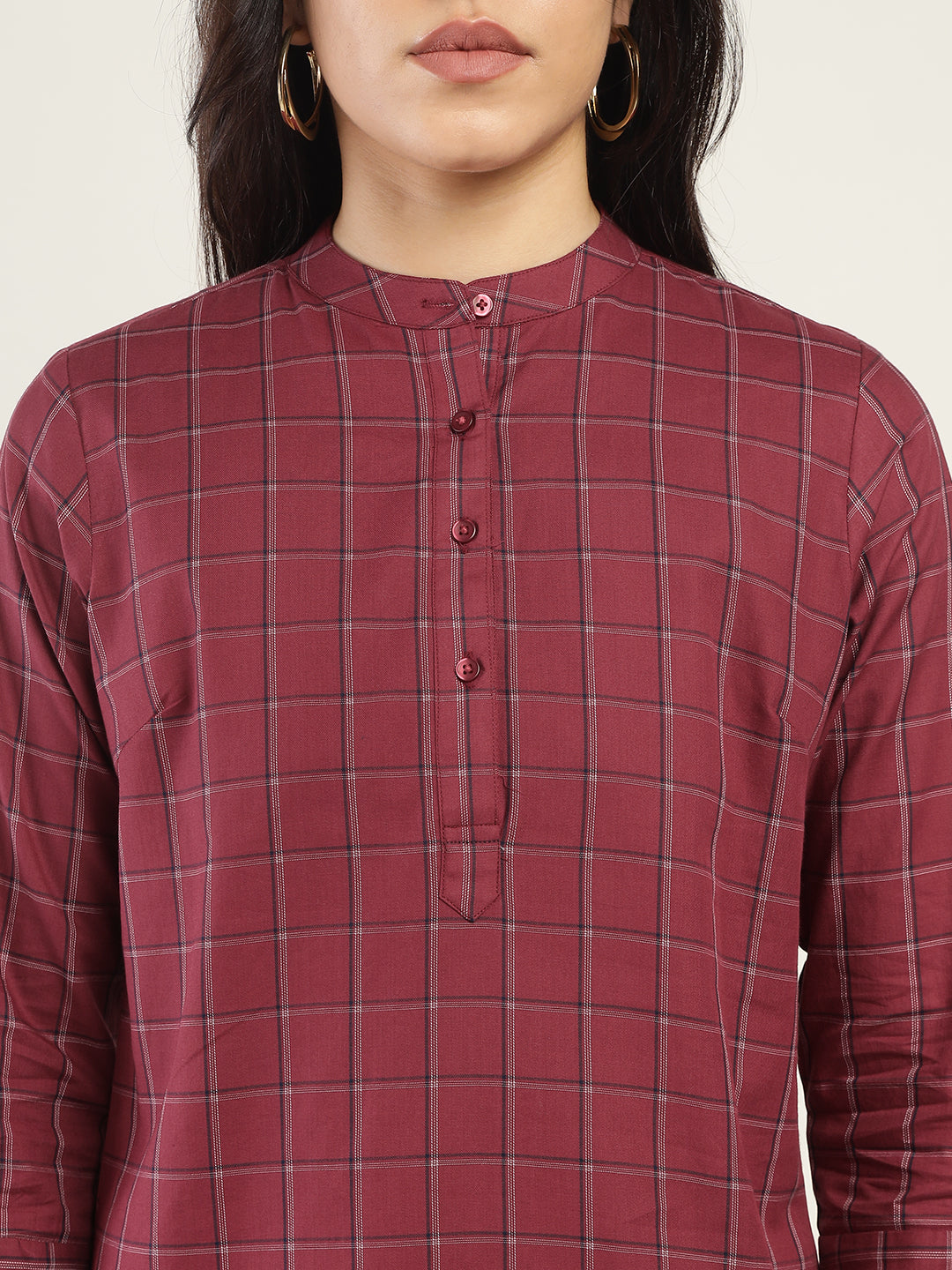 Hancock Women Maroon Checked Pure Cotton Regular Fit Formal Top