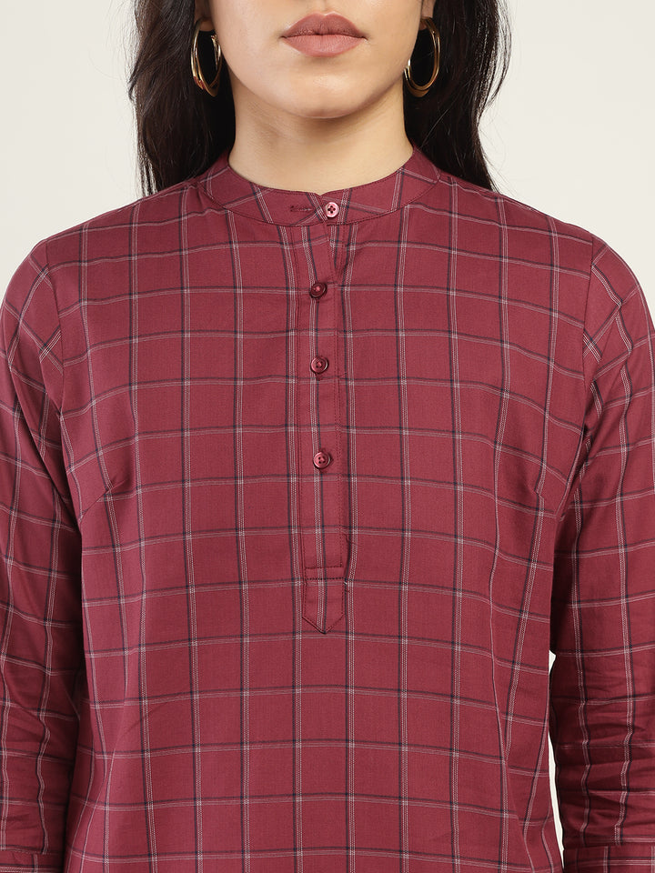 Hancock Women Maroon Checked Pure Cotton Regular Fit Formal Top