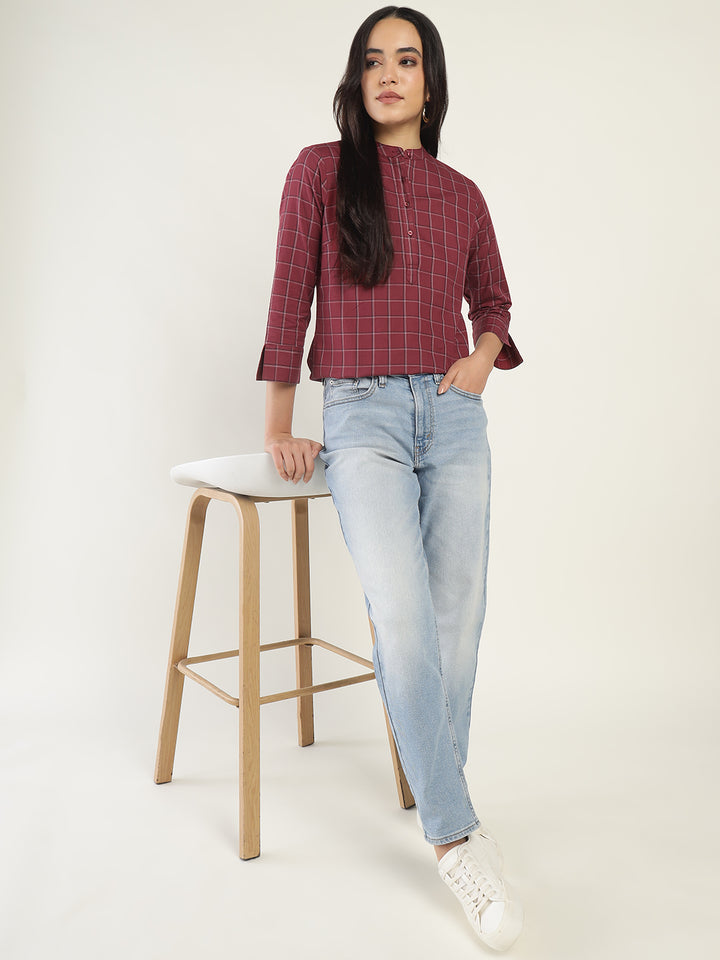 Hancock Women Maroon Checked Pure Cotton Regular Fit Formal Top