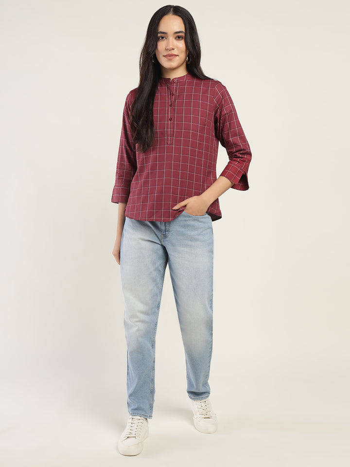Hancock Women Maroon Checked Pure Cotton Regular Fit Formal Top