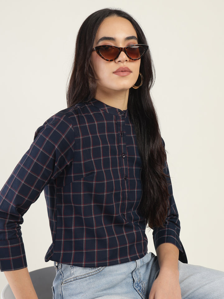 Hancock Women Navy Blue Checked Pure Cotton Regular Fit Formal Top