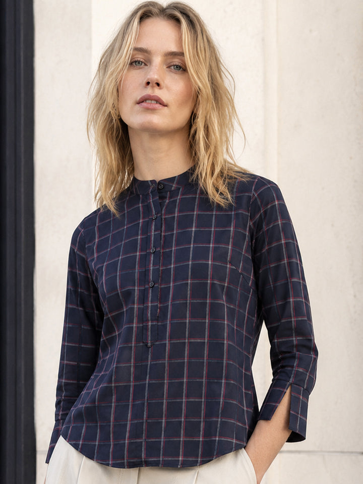 Hancock Women Navy Blue Checked Pure Cotton Regular Fit Formal Top