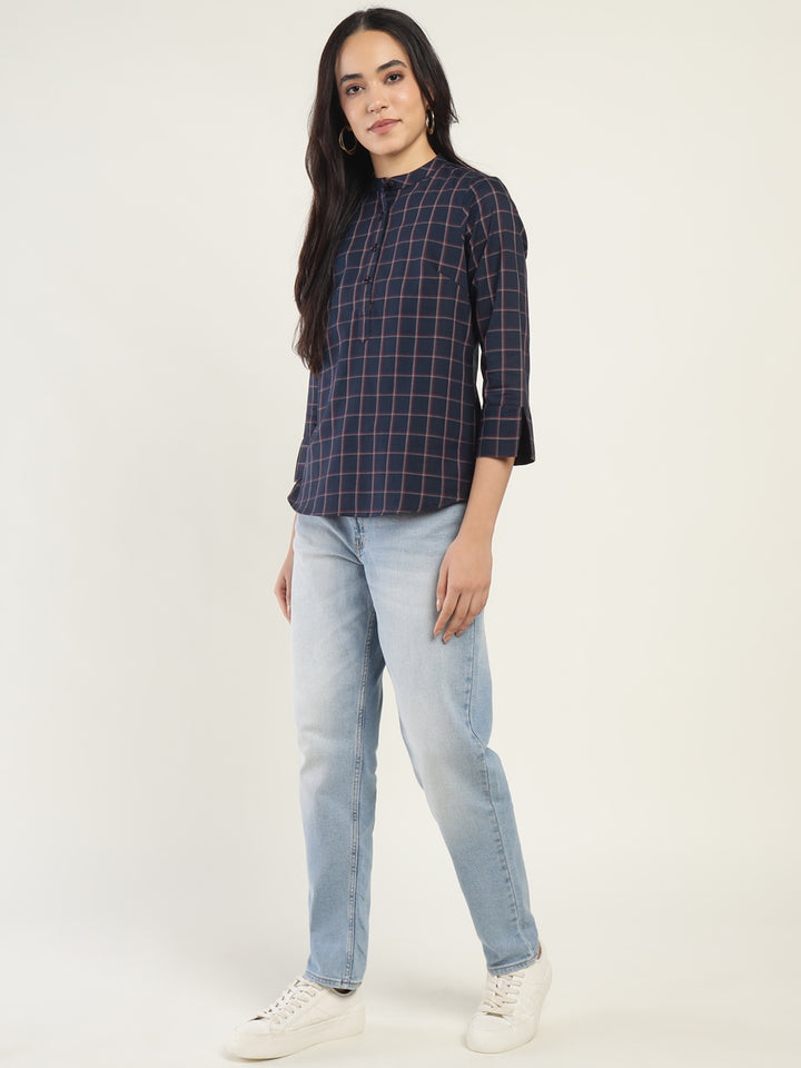 Hancock Women Navy Blue Checked Pure Cotton Regular Fit Formal Top