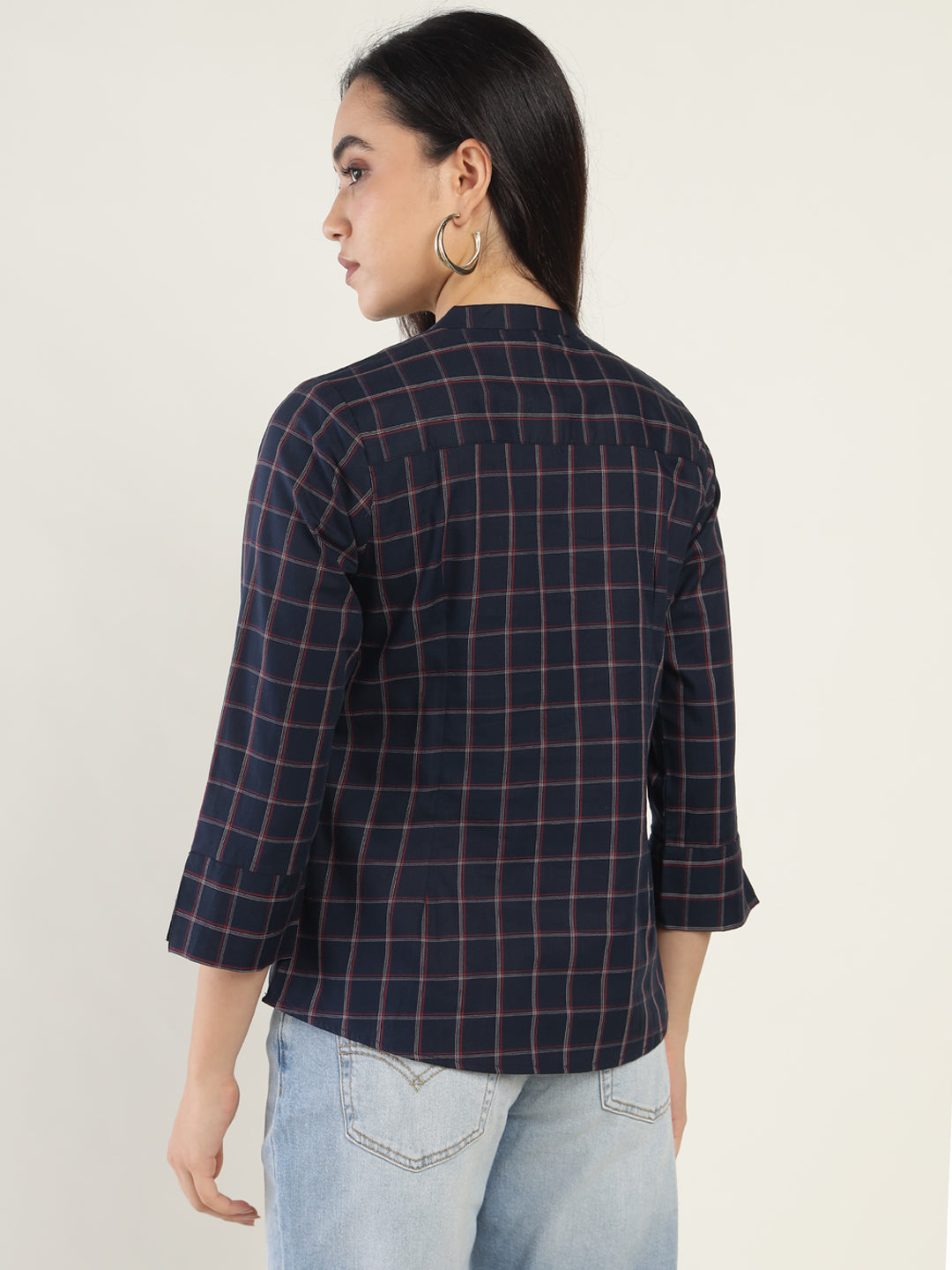 Hancock Women Navy Blue Checked Pure Cotton Regular Fit Formal Top