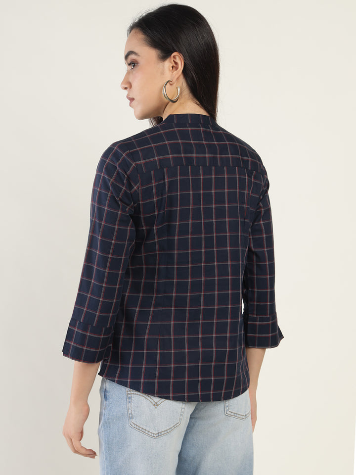 Hancock Women Navy Blue Checked Pure Cotton Regular Fit Formal Top