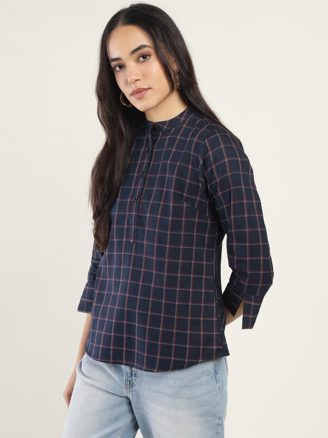 Hancock Women Navy Blue Checked Pure Cotton Regular Fit Formal Top