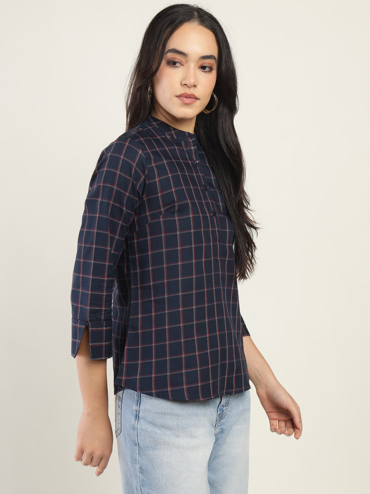 Hancock Women Navy Blue Checked Pure Cotton Regular Fit Formal Top